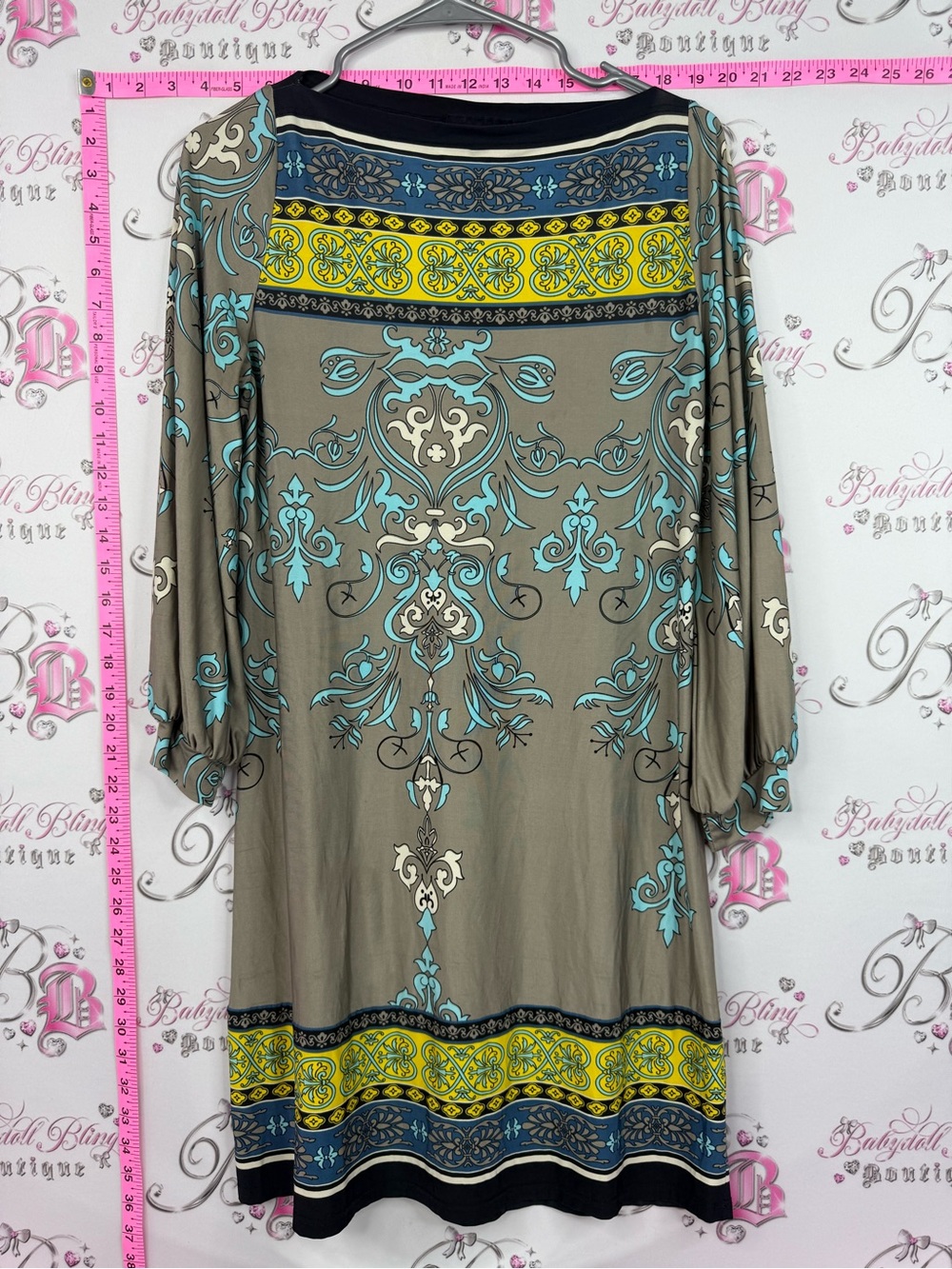 Analili dress Taupe Mini Dress with Teal and Yellow Print